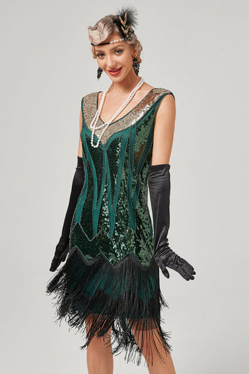Abito flapper con scollo a V verde nero con frange